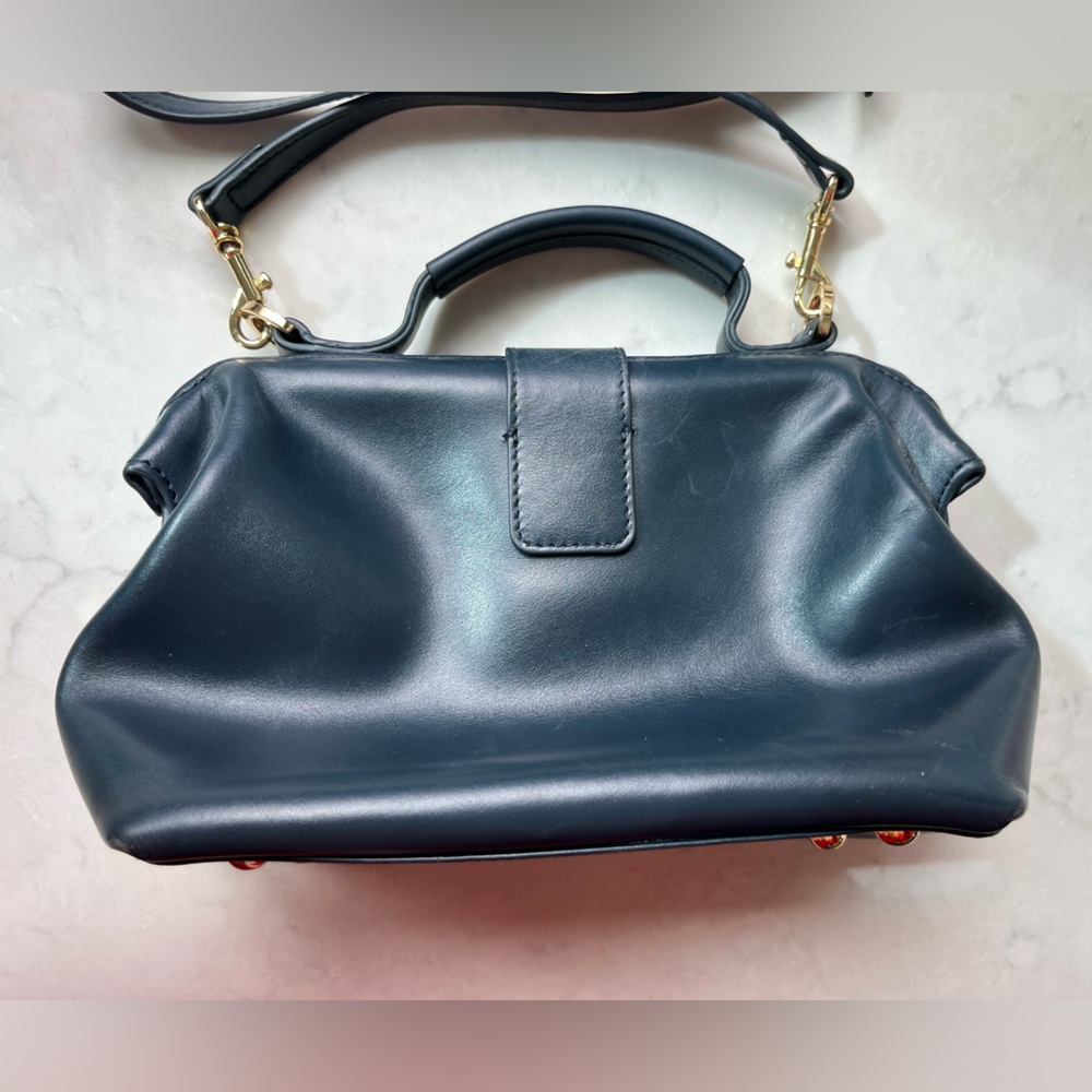 Linjer Navy Leather Crossbody Doctor Style Bag w/ Gold Hardware - Picture 6 of 11